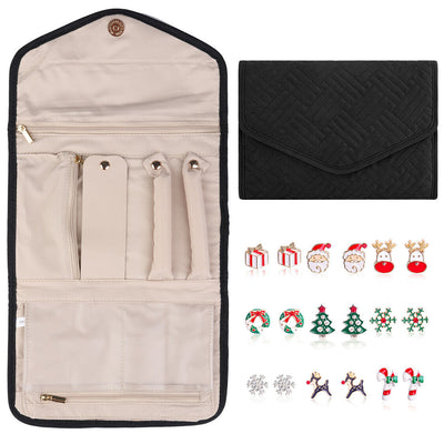 Women/Girls Classic Black Travel Jewelry Organizer + Fashionable Santa Studs Set