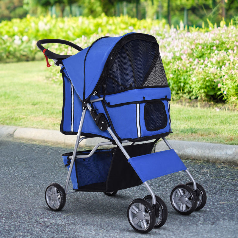 4 Wheel Pet Stroller Cat Dog Jogger Folding Sunshade Canopy Blue