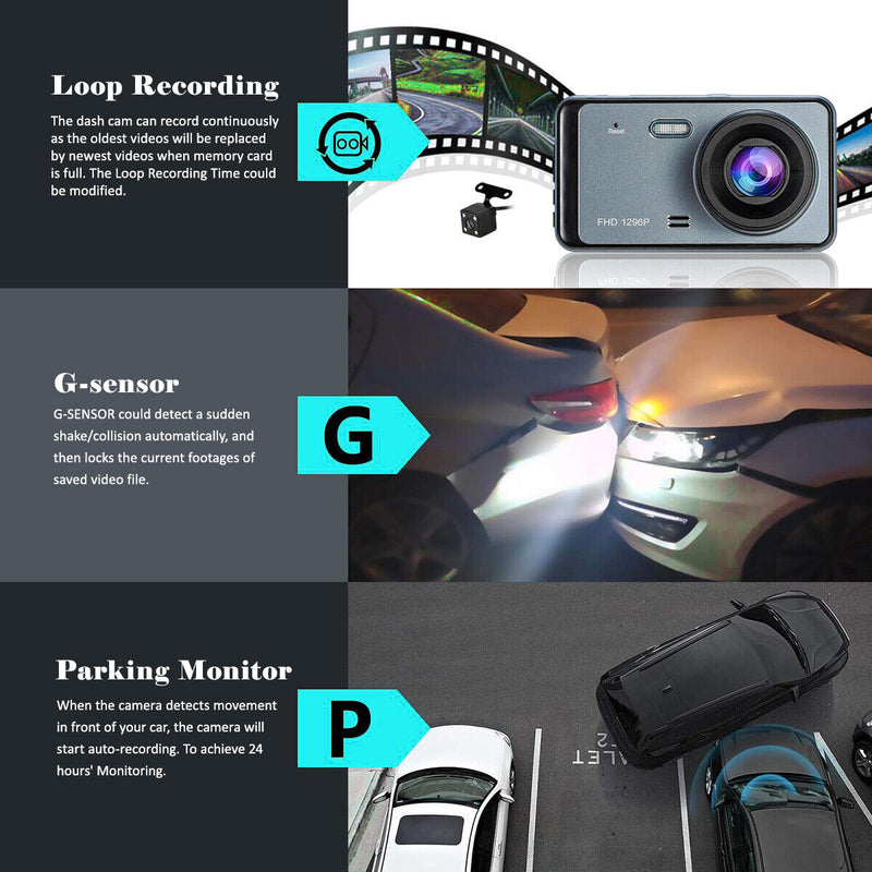 1296P Full HD Dual Dashcam with Night Vision 140°Wide Angle 4" HD Screen for Car