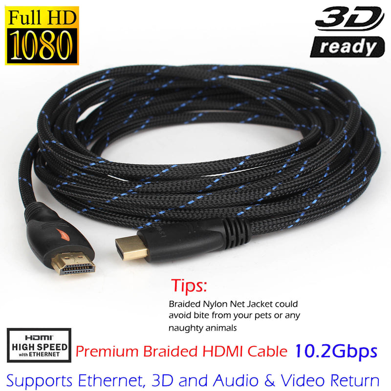 1080P HDMI Cable v1.4 High Speed 3D 30ft Long Wire Cord Braided With Ethernet CA