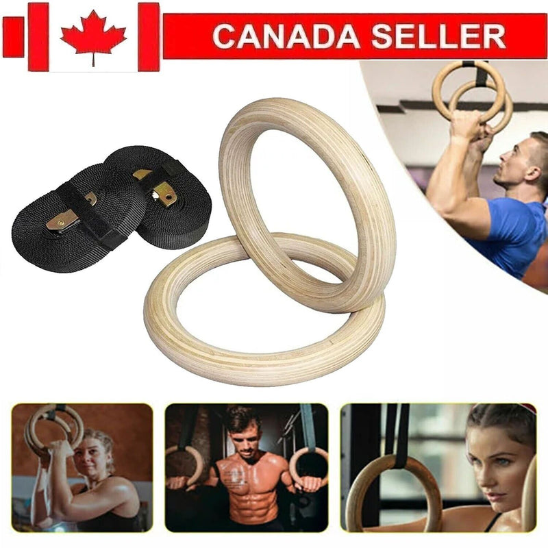 Wooden Gymnastic Rings With Adjustable Long Non-Slip Straps For Workout 28MM