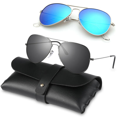 Unisex Metal Frame Polarized Aviator Sunglasses, Mirrored Ice Blue / Black Gray