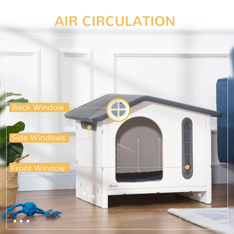 Plastic Dog House Small Dog House, W/ Door, Elevated Floor, Soft Cushion, White