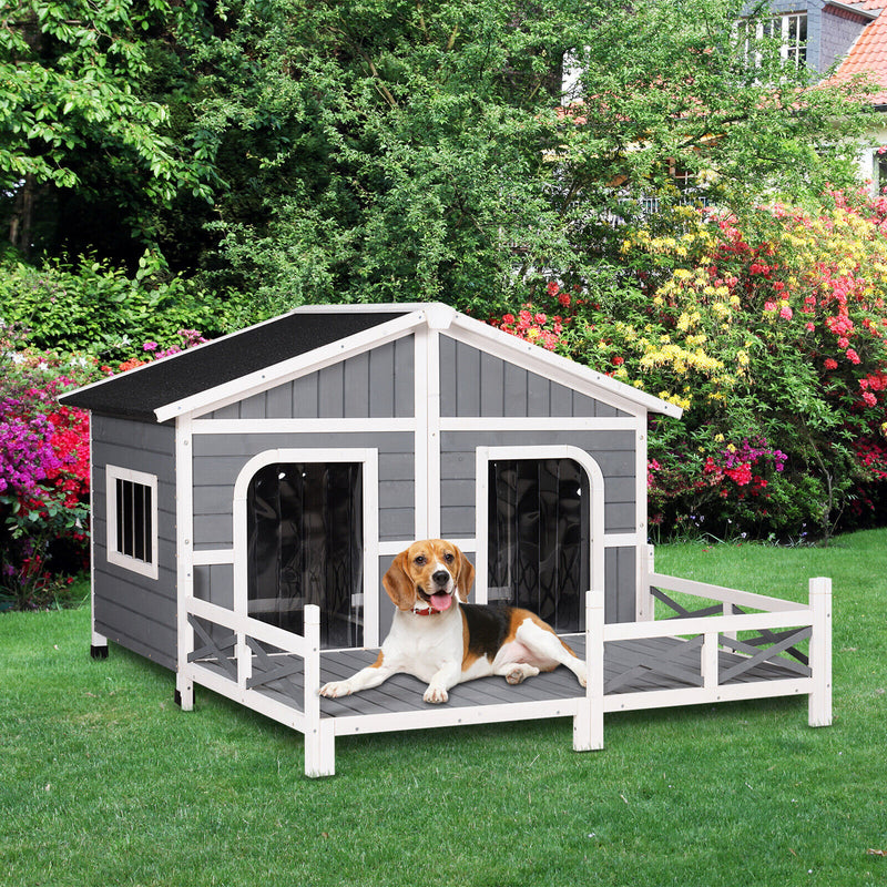 PawHut Wooden Large Dog House, Perfect for the Porch or Deck, 59" L, Grey