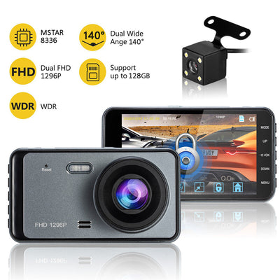 Wide Angle HDR with 4.0" LCD Display Night Vision Dash Cam Front and Rear 1296P