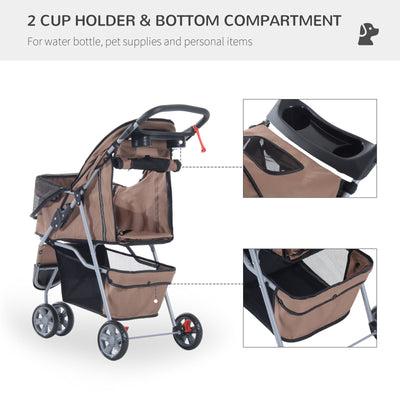 Folding Dog Stroller 3 Wheels Carrier with Brake and Canopy Coffee