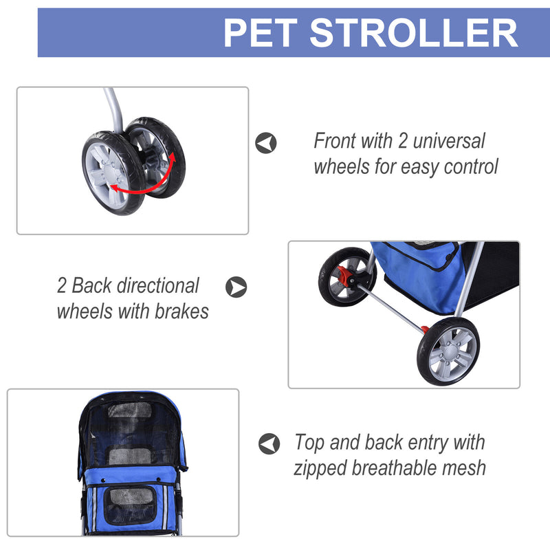 4 Wheel Pet Stroller Cat Dog Jogger Folding Sunshade Canopy Blue