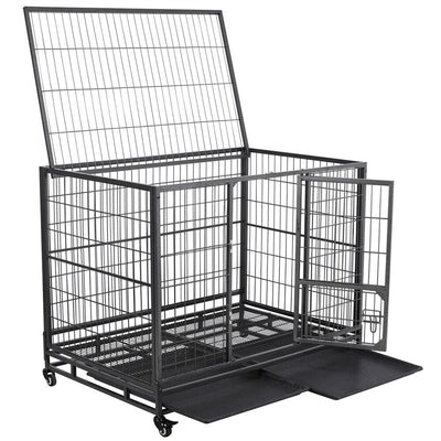 43" Large Metal Dog Crate Folding Kennel Heavy Duty Cage w/ Wheels & Tray Black