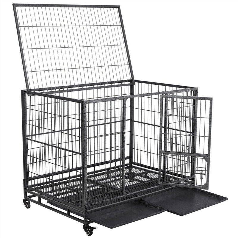 43" Large Metal Dog Crate Folding Kennel Heavy Duty Cage w/ Wheels & Tray Black