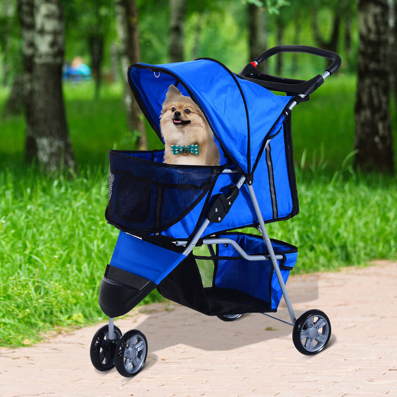 3 Wheels Folding Dog Pet Stroller Travel Carrier W/ Brake & Canopy