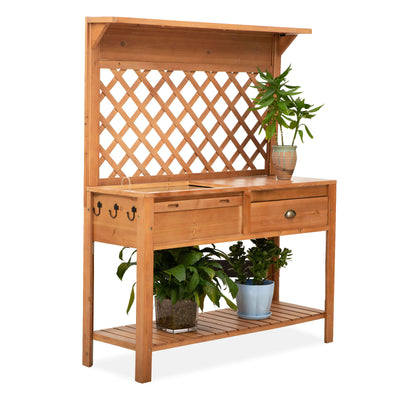 Garden Potting Bench Table Outdoor Wooden Workstation w/ Metal Screen, Drawer