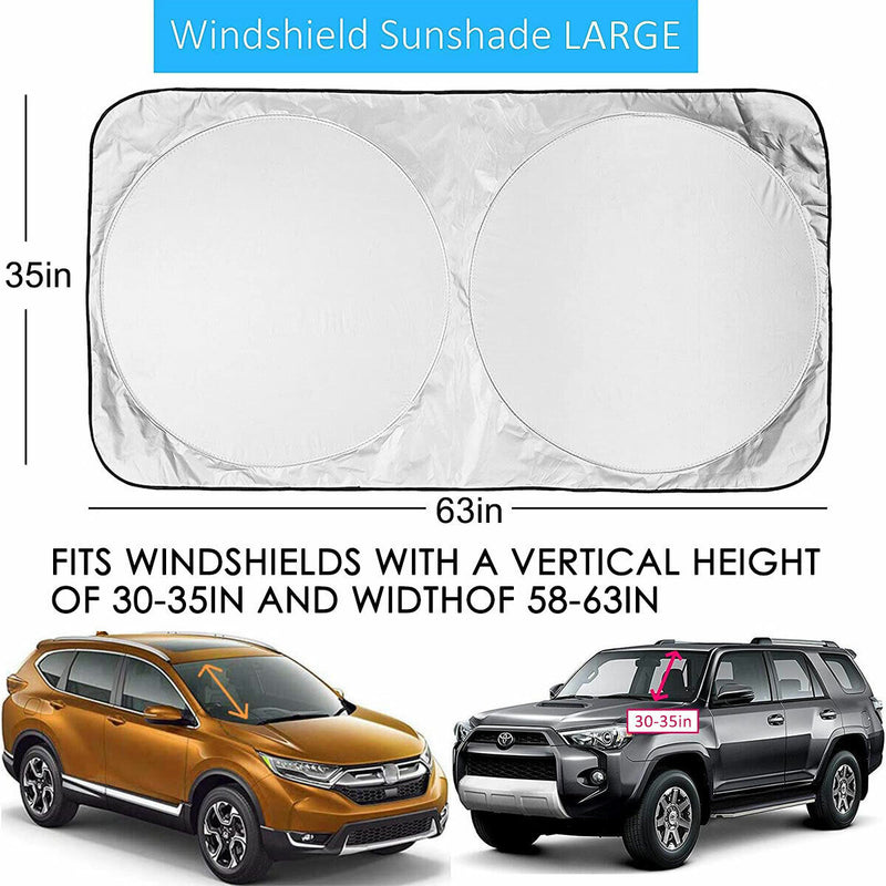 2-Pack Large Size Foldable Car Sun Shade Windscreen Sunshade, Silver 63x35 inch