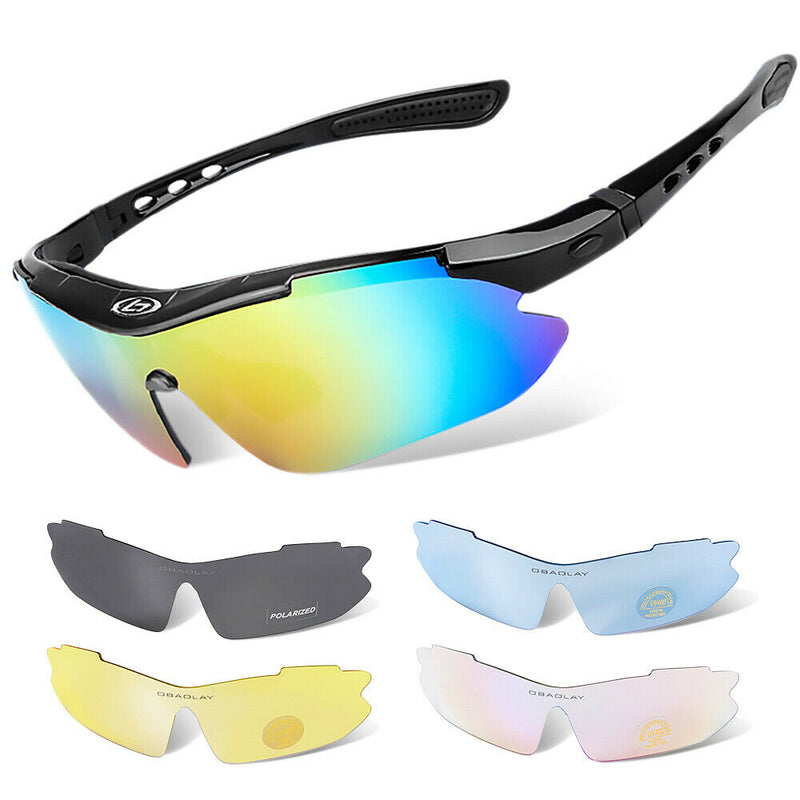 Sports Cycling Sunglasses, Bicycle Glasses w/ 5 Interchangeable Lenses-Ergonomic