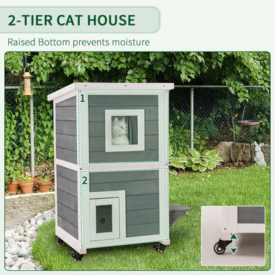 Outdoor Wooden 2-Floor Cat Condo Pet House Kitten Shelter w/ Wheels - Gray 196393255735