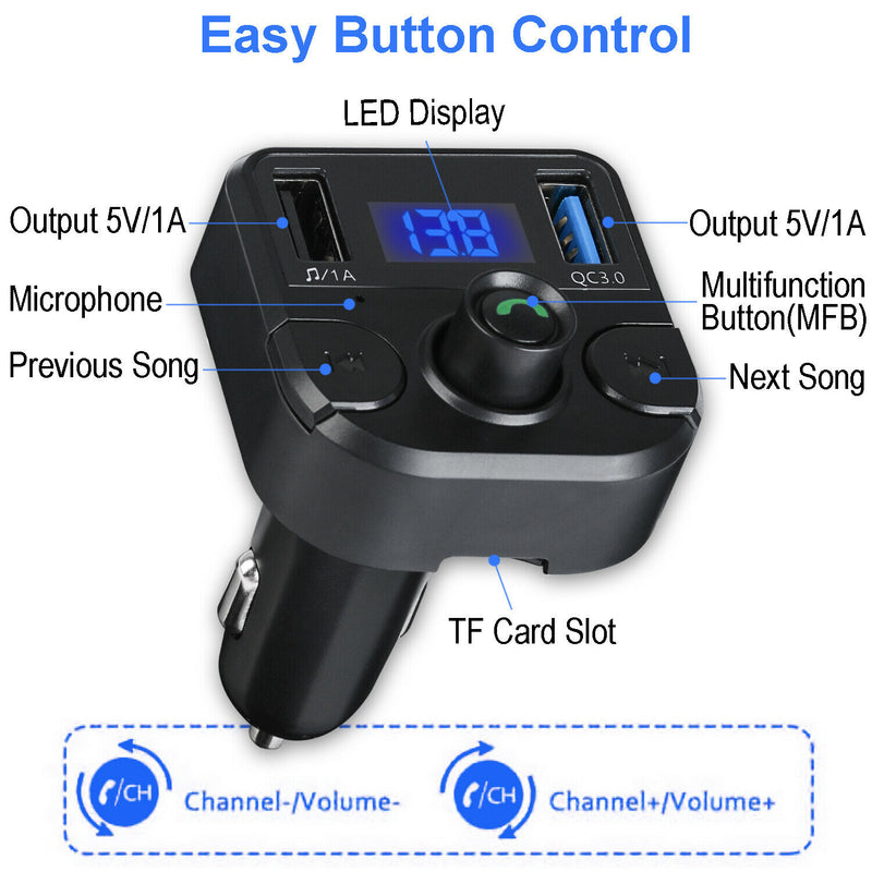 Bluetooth Music Player FM Transmitter w/ Hands-Free Calling& 2 USB Ports Charger