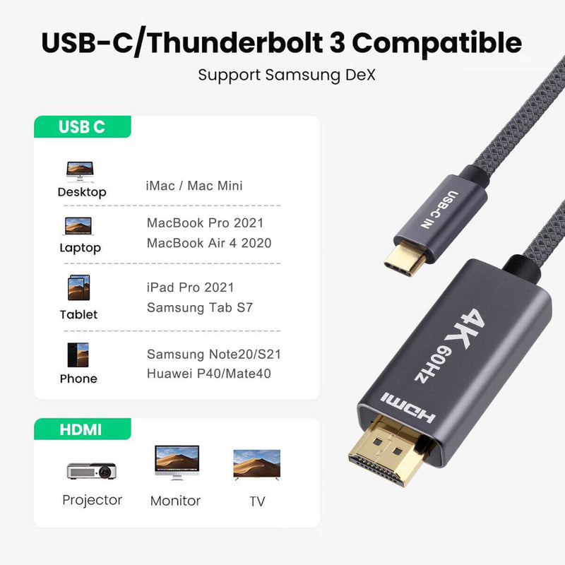 6FT USB C to HDMI Cable Adapter 4K Thunderbolt 3 Compatible with MacBook Pro/Air