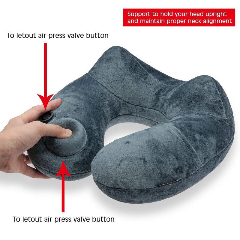 Inflatable Neck U-Shape Pillow - No Pump Needed (Grey) for Travel and Airplane