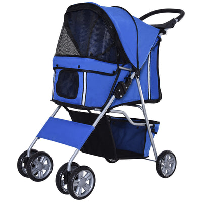 4 Wheel Pet Stroller Cat Dog Jogger Folding Sunshade Canopy Blue