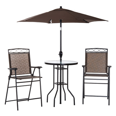 4pc Outdoor Patio Dining Set Furniture, 2 Folding Chairs, Table, Umbrella, Brown