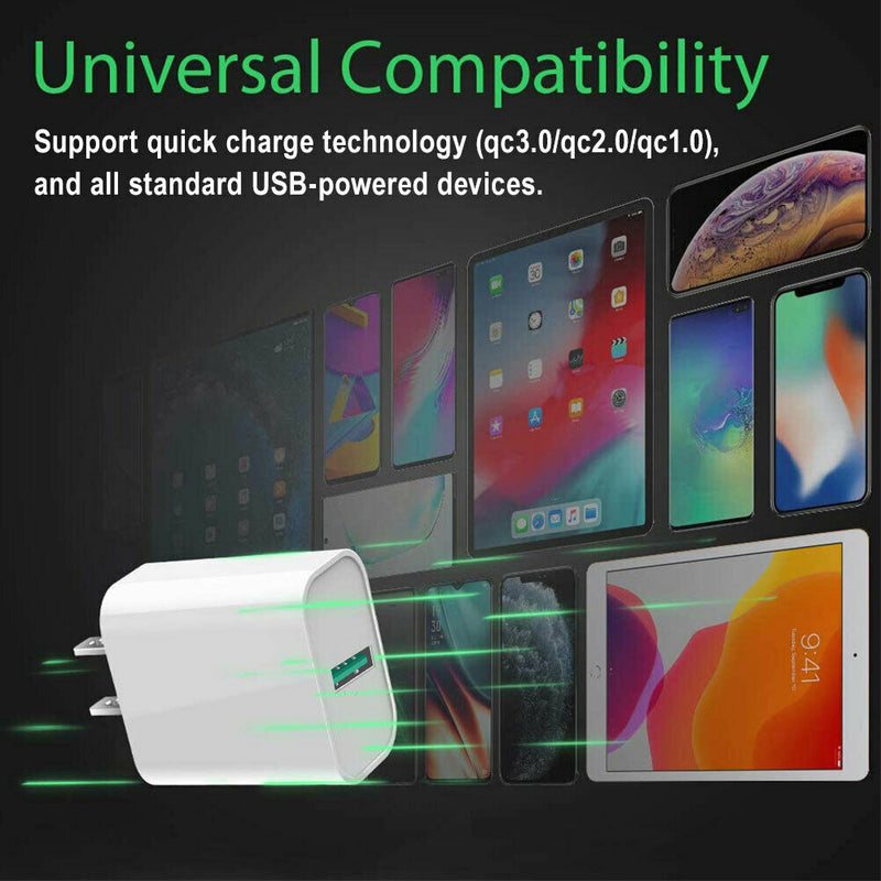 18W QC 3.0 USB Wall Charger Fast Charging For Galaxy S20 Note 10, iPhone 11 XS 8