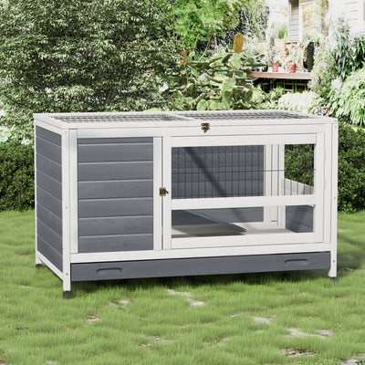 Wooden Rabbit Hutch Elevated Pet Bunny House with Slide-Out Tray Indoor Grey
