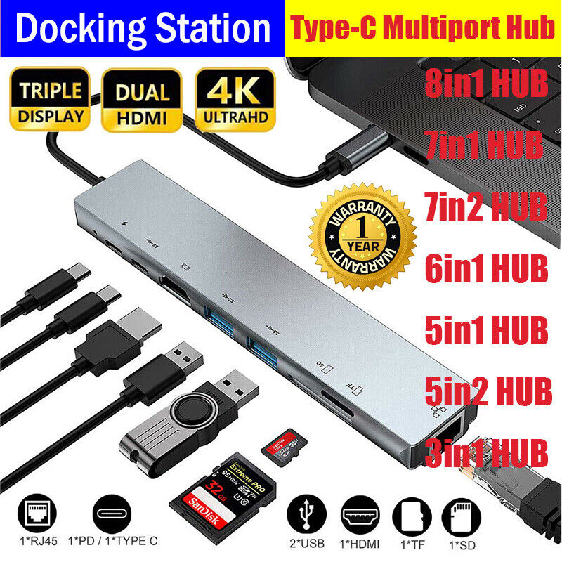 3/5/6/7/8in 1 Type C Hub to USB 3.0 HDMI PD Adapter Docking Station for MacBook