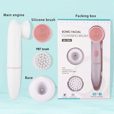 IPX6 Waterproof Sonic Facial Cleansing Brush- 2 Speed Modes, 2 Brush Heads, Base