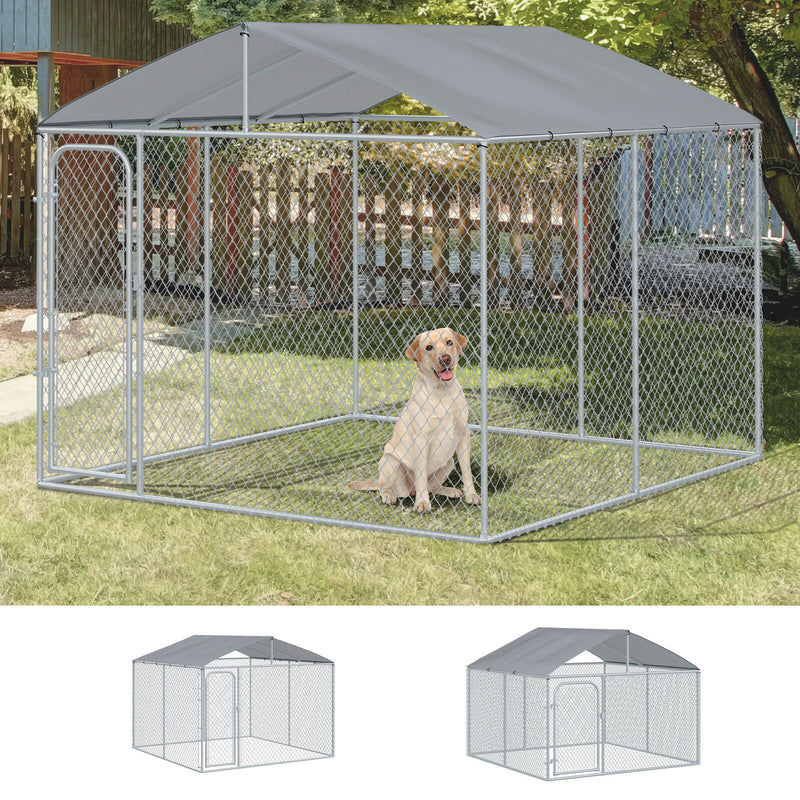PawHut Dog Kennel Galvanized Steel Fence with Cover Outdoor