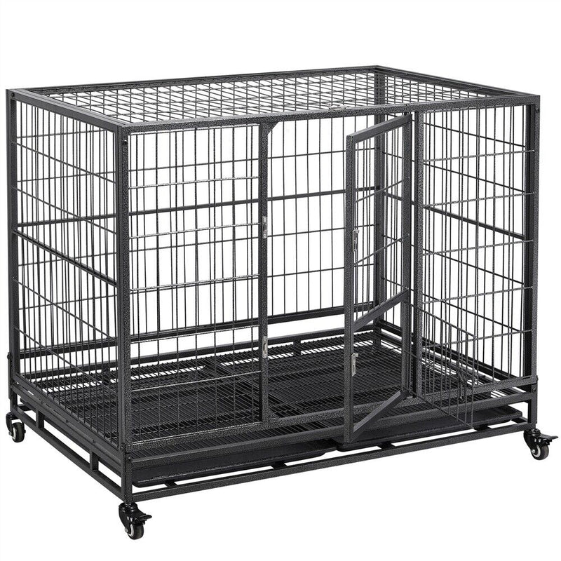 43" Large Metal Dog Crate Folding Kennel Heavy Duty Cage w/ Wheels & Tray Black