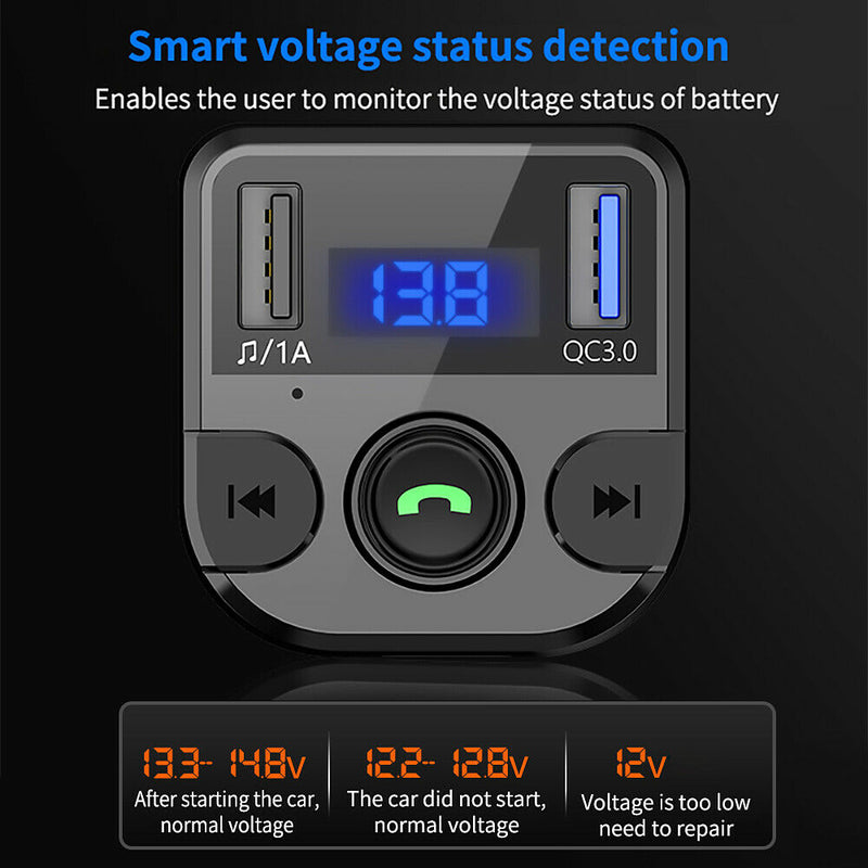 Bluetooth 5.0 FM Transmitter Hands-Free QC3.0 Car Charger,Support U Disk TF Card