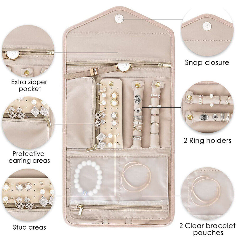 Portable & Practical Pink Jewelry Organizer Roll And 9 Pairs Vivid Stud Earrings