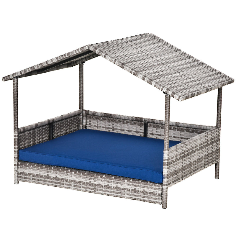 Elevated Wicker Dog House, Raised Rattan Pet Bed Cabana w/ Cushion, Canopy, Blue 196393070796