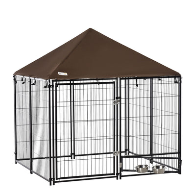 Outdoor Dog House Kennel with Canopy Top &amp; Secure Lock Rotating Bowl Holder 196393260210