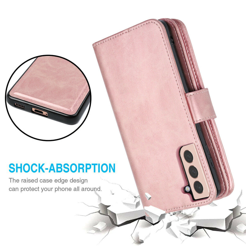 Rose Gold Luxury Detachable Leather Wallet Case w/Strap for Galaxy S21 S21+ S21U