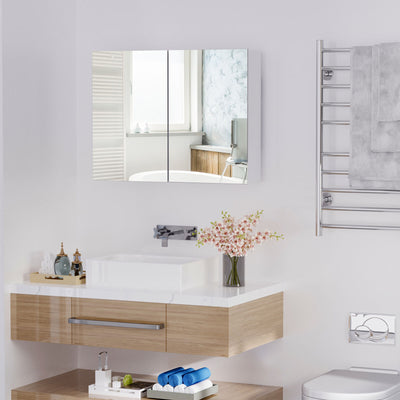 Bathroom Mirror Cabinet Wall Mounted with Double Door Storage Shelves White