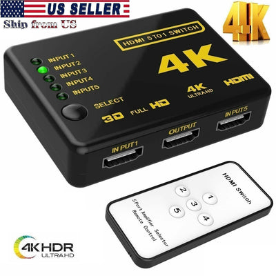 4k HDMI Switch Splitter 5 Port Selector Switcher Hub IR Remote HDTV 5 in 1 out