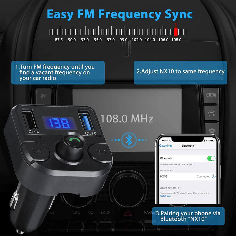 V5.0 Bluetooth FM Transmitter, QC3.0 Dual USB Port Handsfree Call Car Charger CA