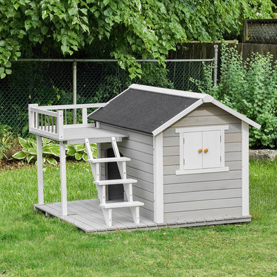 2-Story Wooden Outdoor Dog House Shelter w/ Stairs &amp; Balcony Medium, Large Dogs 196393159132