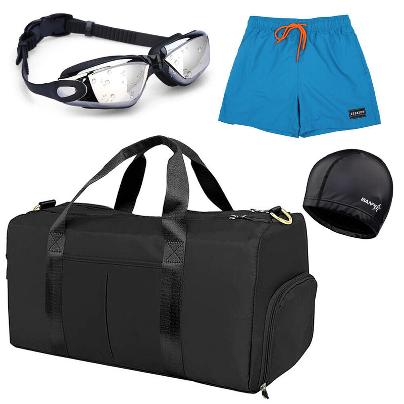 Men 4 IN 1 Bundle - 34L Sports Gym Duffel Bag + Swimming Cap + Goggles + Trunks