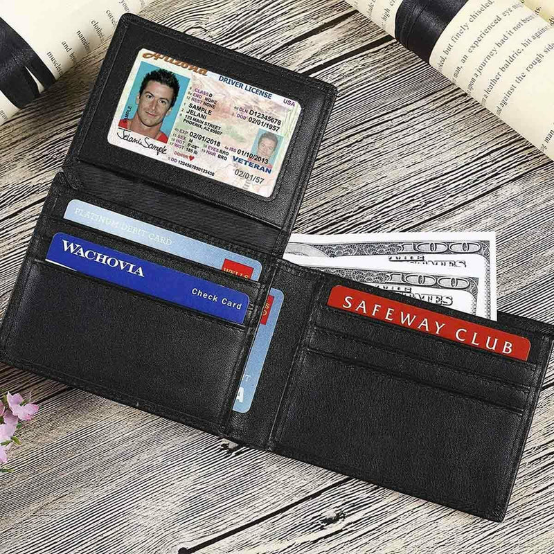 Slim & Large Capacity Genuine Leather RFID Bifold Wallet Classical Black for Men