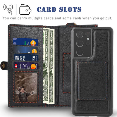 Galaxy S21+ Plus 5G 6.7inch Removable Leather Wallet Case & HD Clear Glass Film