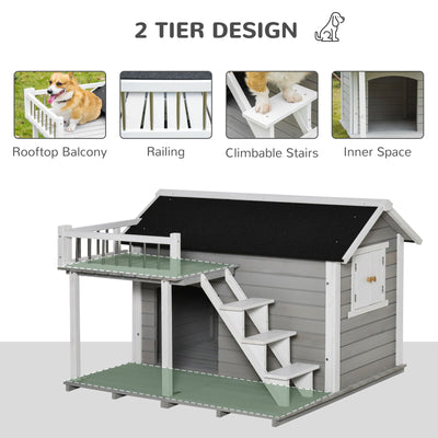 2-Story Wooden Outdoor Dog House Shelter w/ Stairs &amp; Balcony Medium, Large Dogs 196393159132