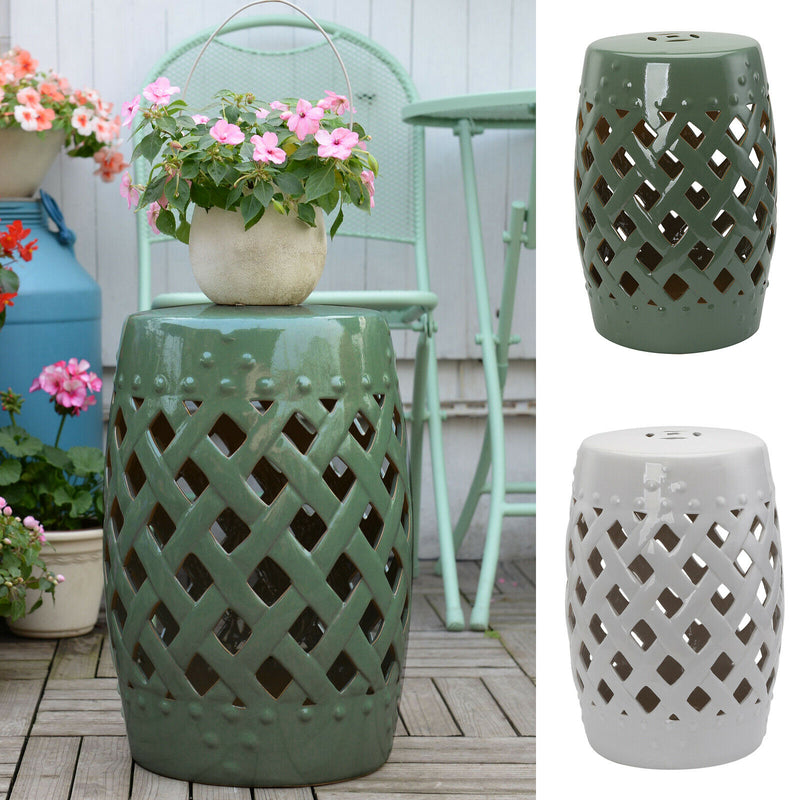 13" Ceramic Indoor Outdoor Patio Lattice Garden Stool End Table Garden Decor