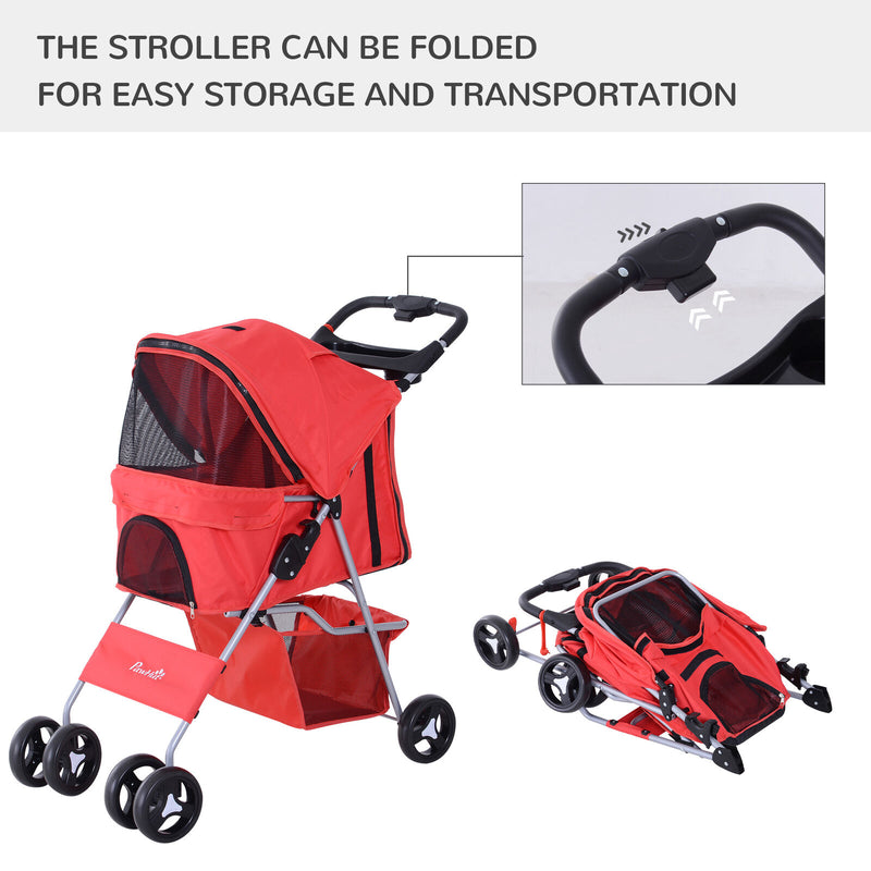 Cat Dog Carrier Cart Foldable Cup Holder with 4 Wheels Storage Basket, Red