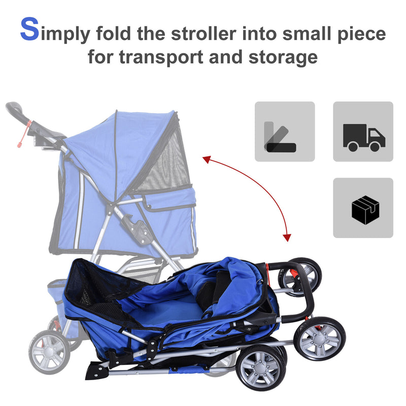 4 Wheel Pet Stroller Cat Dog Jogger Folding Sunshade Canopy Blue