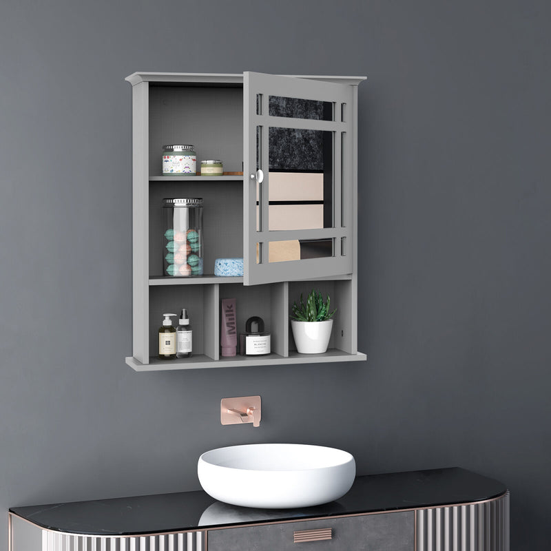 kleankin Wall Mount Mirror Cabinet with Door Shelf Bathroom & Powder Room Grey