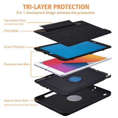 [Trifold Viewing Stand] Armor Case with Pencil Holder for iPad 8th 10.2" 2020