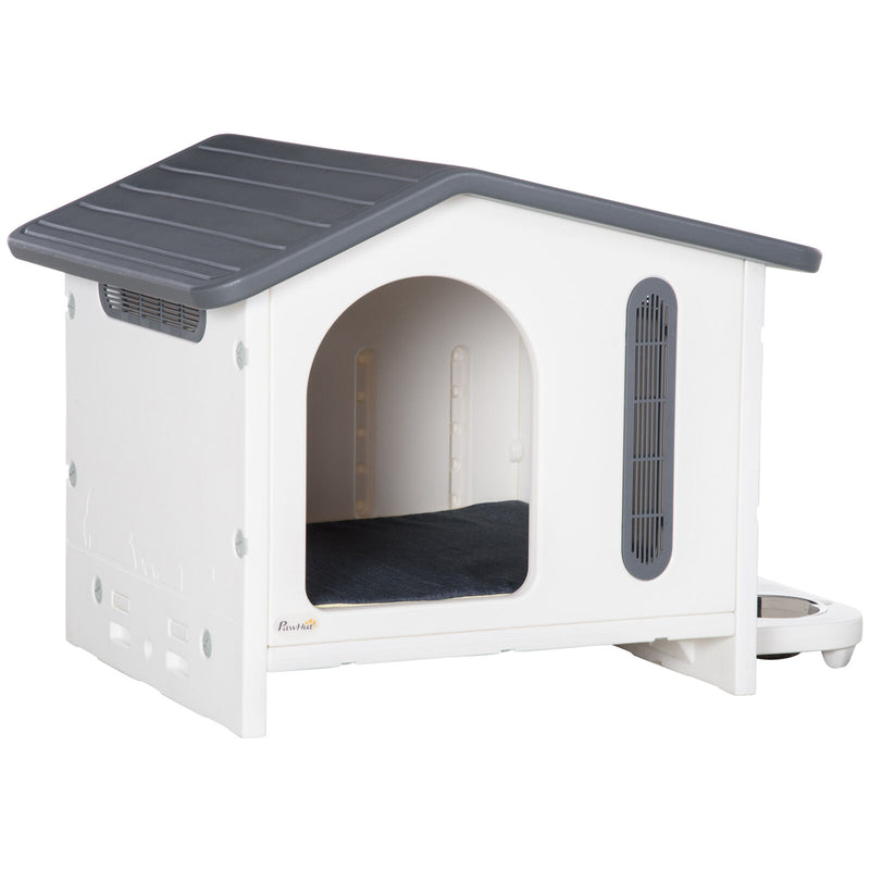 Plastic Dog House Small Dog House, W/ Door, Elevated Floor, Soft Cushion, White