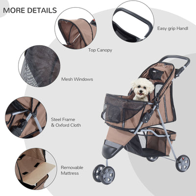 Folding Dog Stroller 3 Wheels Carrier with Brake and Canopy Coffee