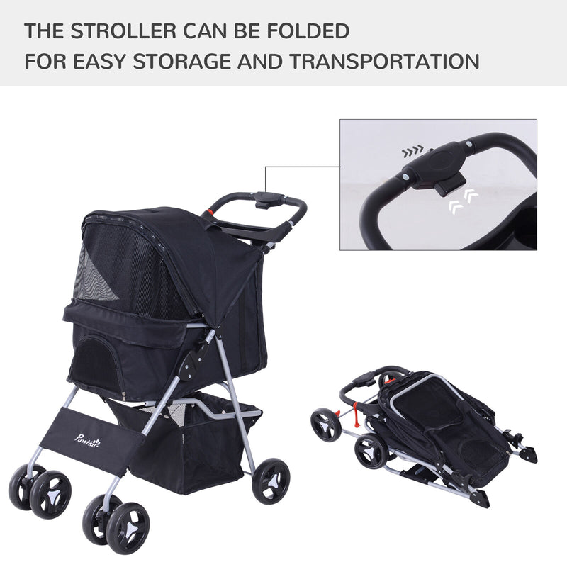 Cat Dog Carrier Cart Foldable Cup Holder with 4 Wheels Storage Basket, Black